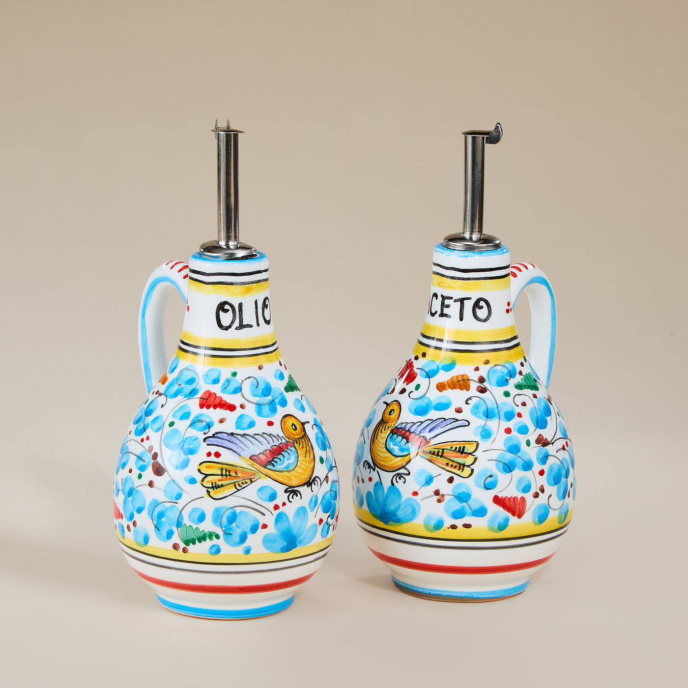 Hand-Painted Arabesco Birds & Flowers Earthenware Olive Oil & Vinegar Set