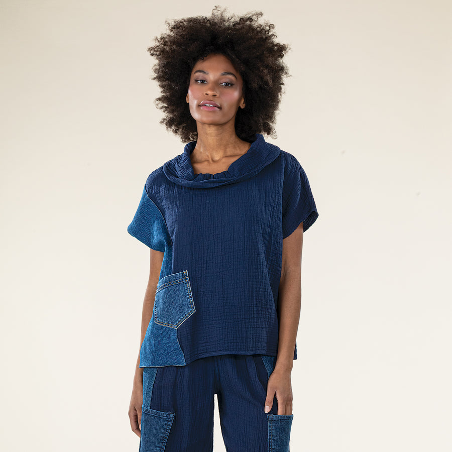 Deep Into Denim Cowl Neck Pullover Top