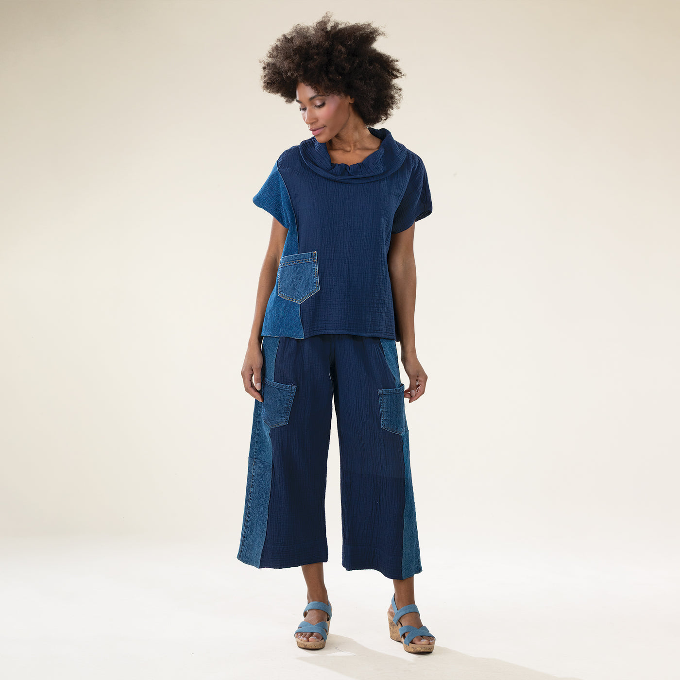 Deep Into Denim Cowl Neck Pullover Top