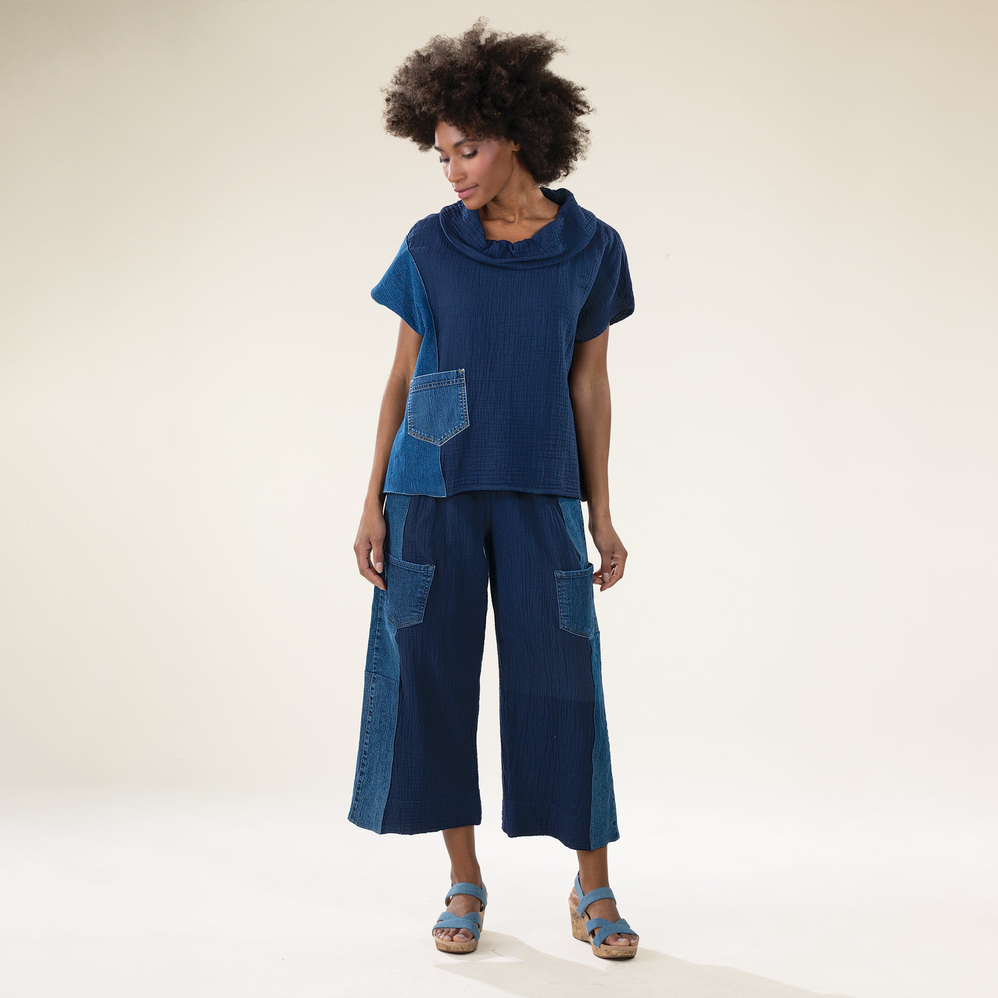 Deep Into Denim Cowl Neck Pullover Top