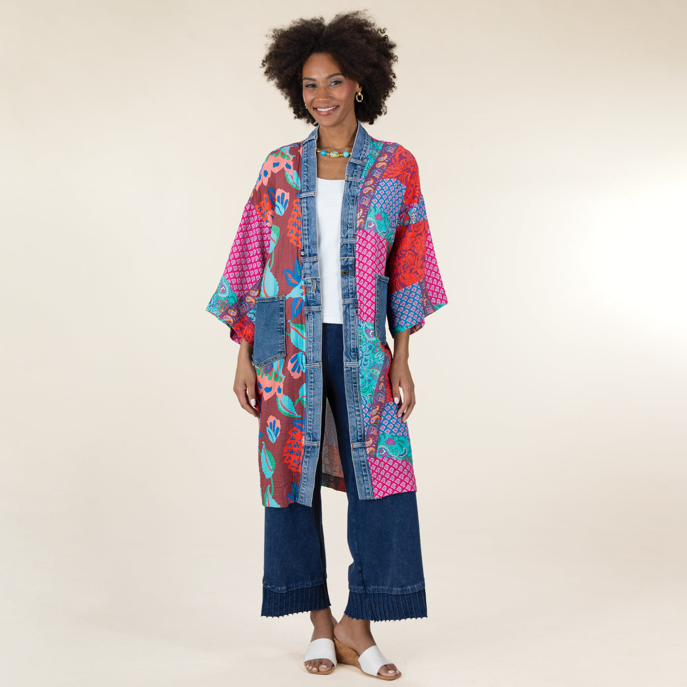 Floral Patchwork Open-Front Cardigan