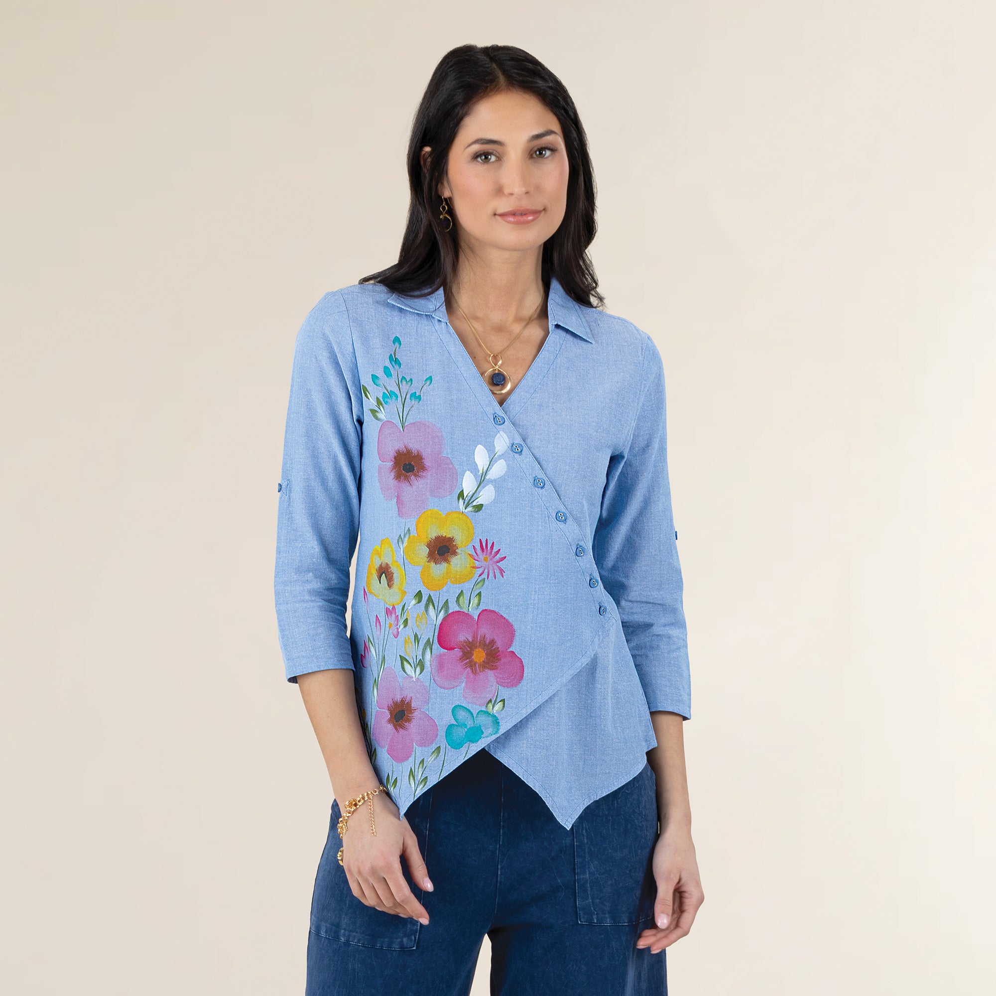Hand-Painted Blooms Cotton Blouse
