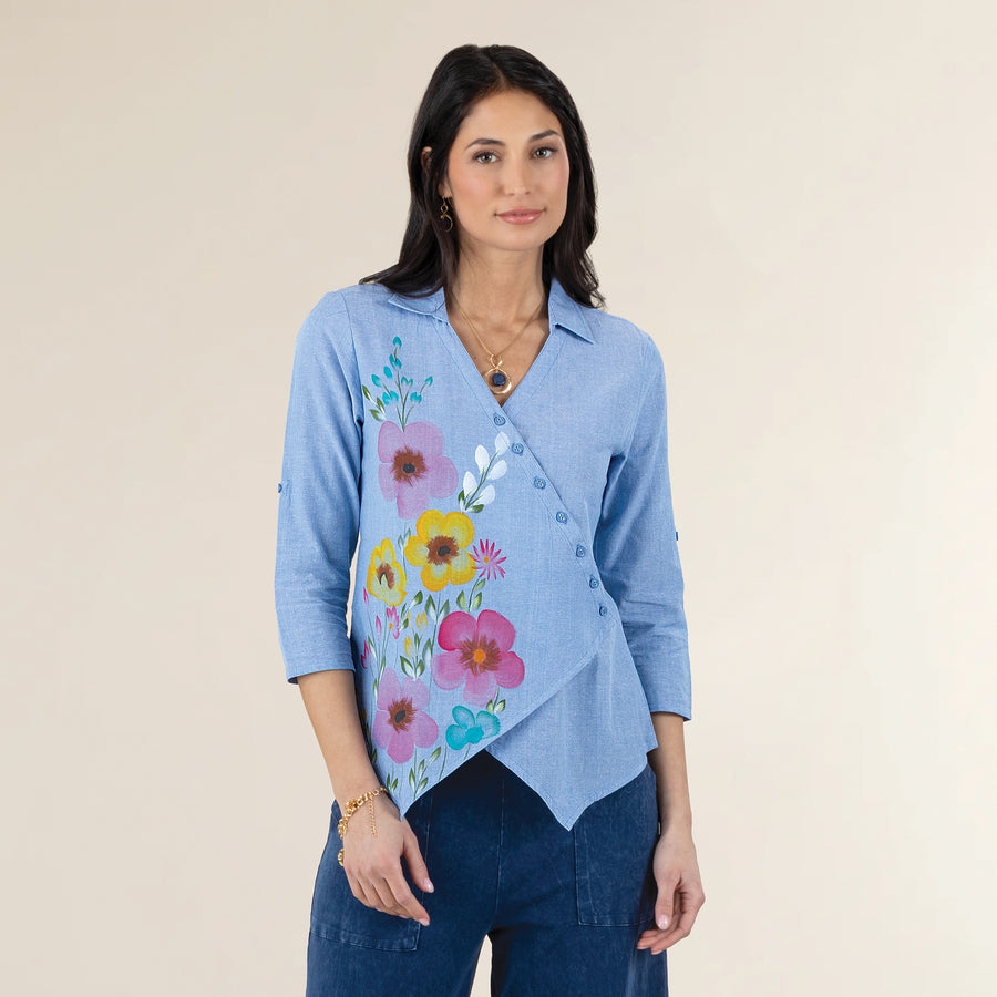 Hand-Painted Blooms Cotton Blouse