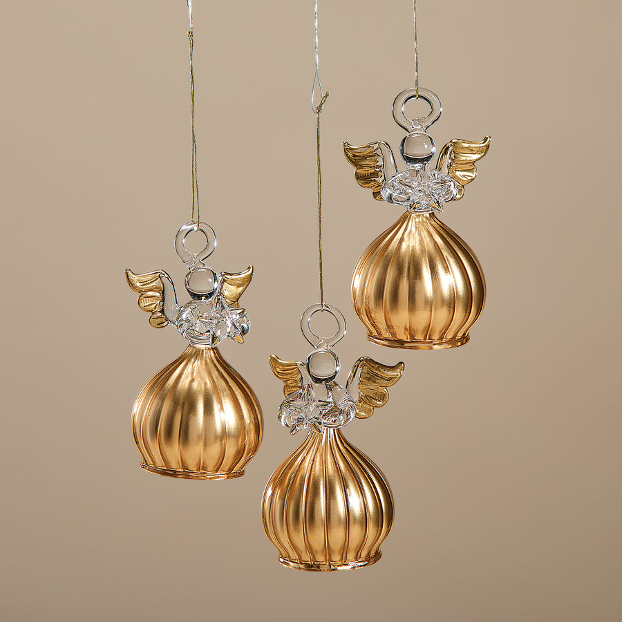 Hand-Blown Glass Fluted Gold Angel Ornaments Set of 3