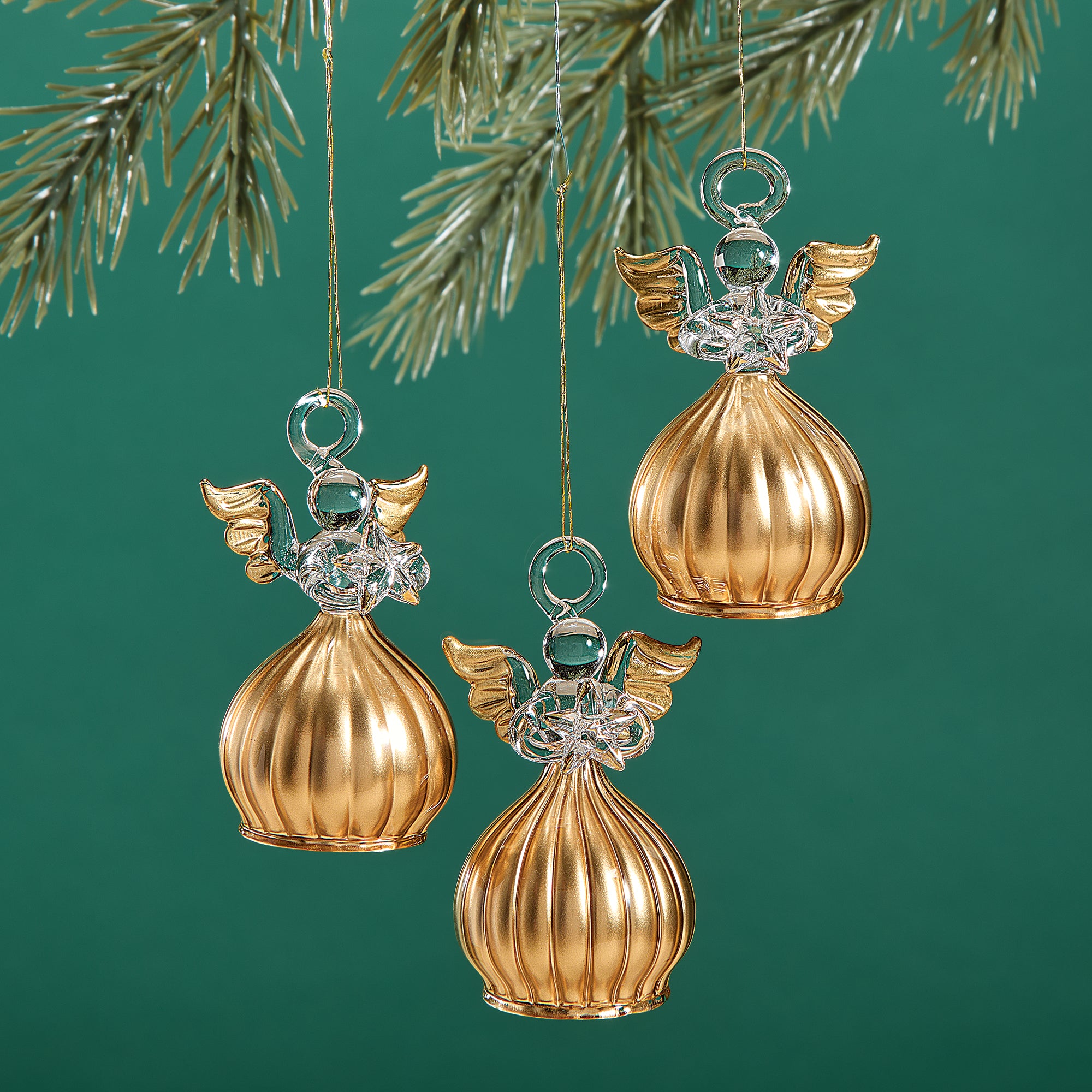 Hand-Blown Glass Fluted Gold Angel Ornaments Set of 3