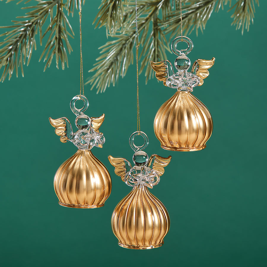 Hand-Blown Glass Fluted Gold Angel Ornaments Set of 3
