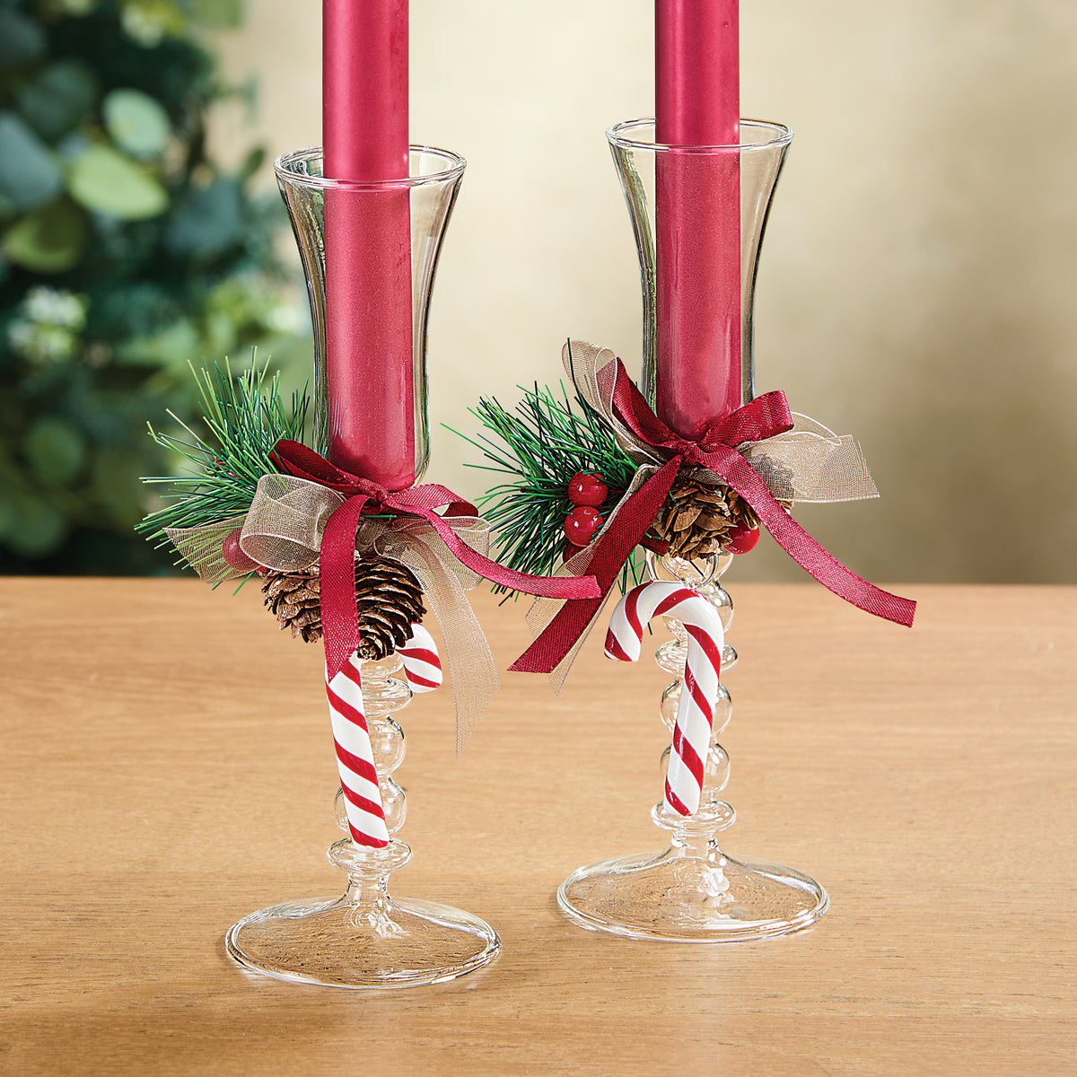 Venetian Glass Decorated Candy Cane Candleholders, Set of 2 (Preorder)