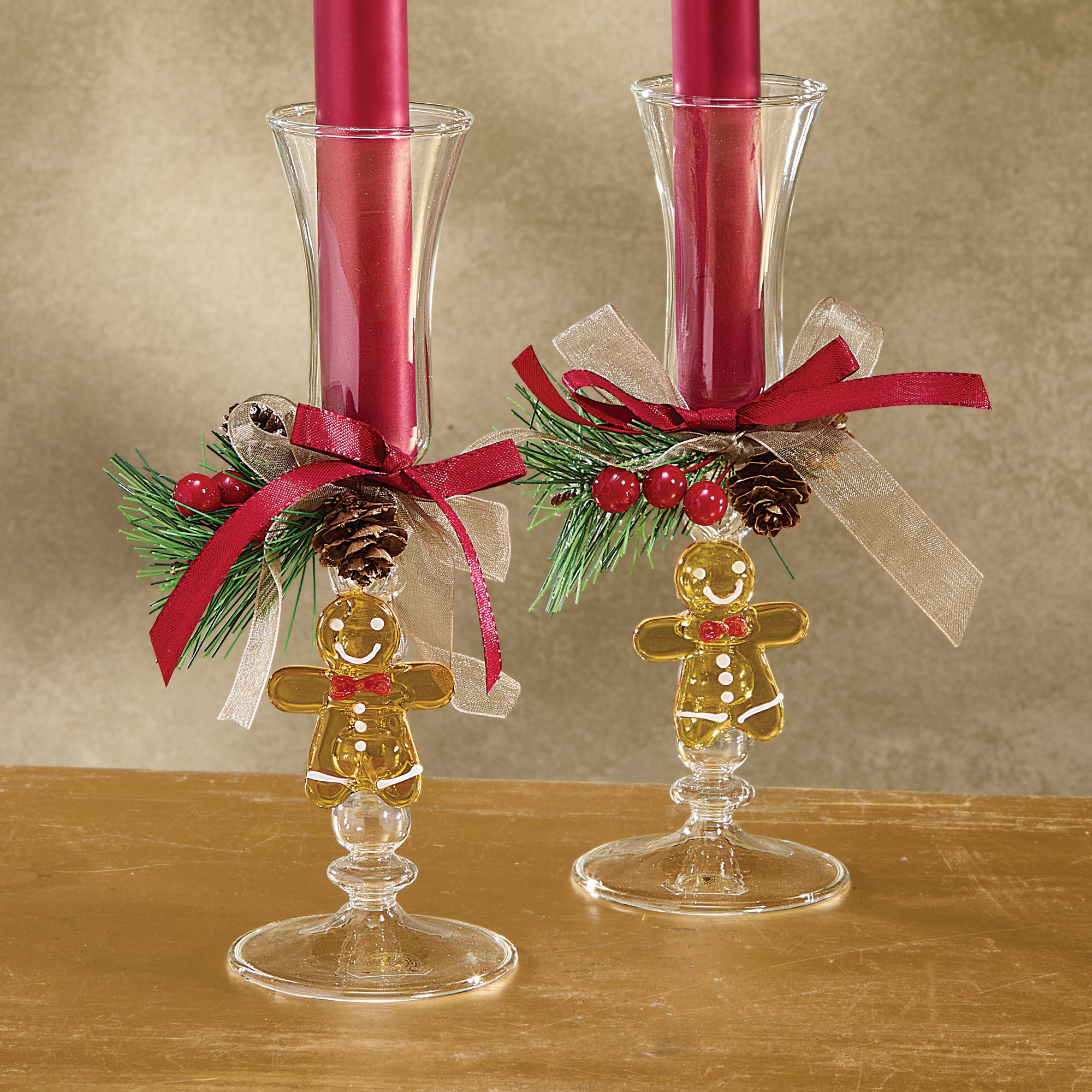 Venetian Glass Decorated Gingerbread Candleholders, Set of 2 (Preorder)