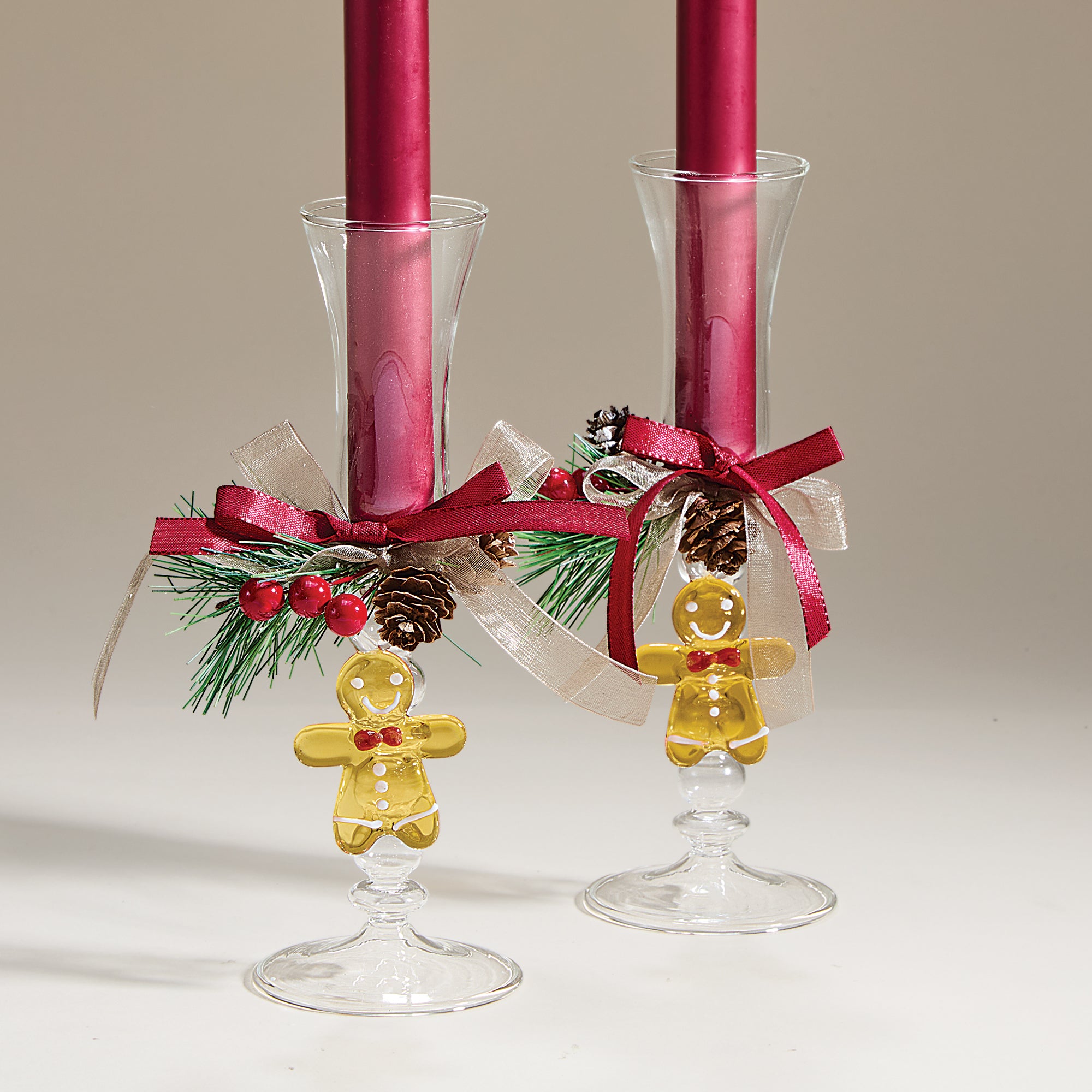 Venetian Glass Decorated Gingerbread Candleholders, Set of 2 (Preorder)