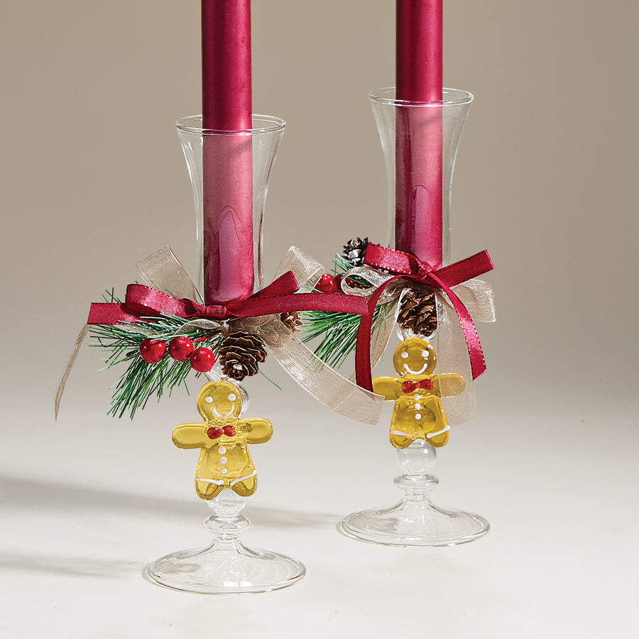 Venetian Glass Decorated Gingerbread Candleholders, Set of 2 (Preorder)