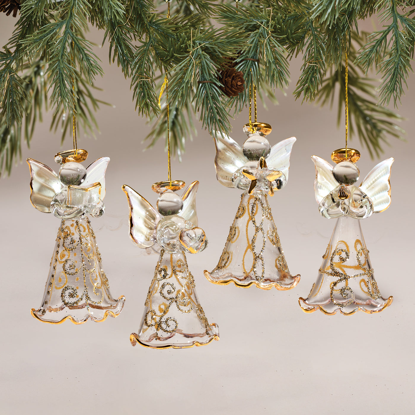 Hand-Blown Venetian Glass Golden Angels Ornament Set of 4