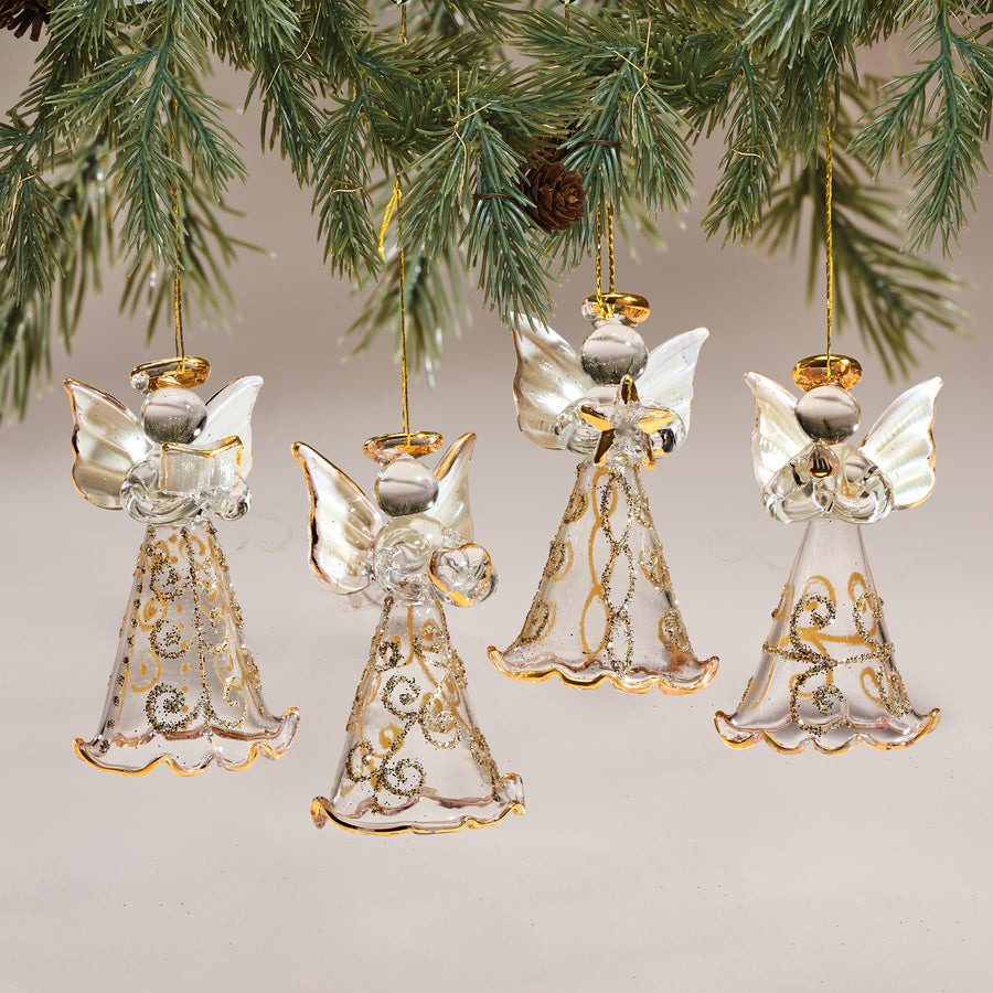 Hand-Blown Venetian Glass Golden Angels Ornament Set of 4