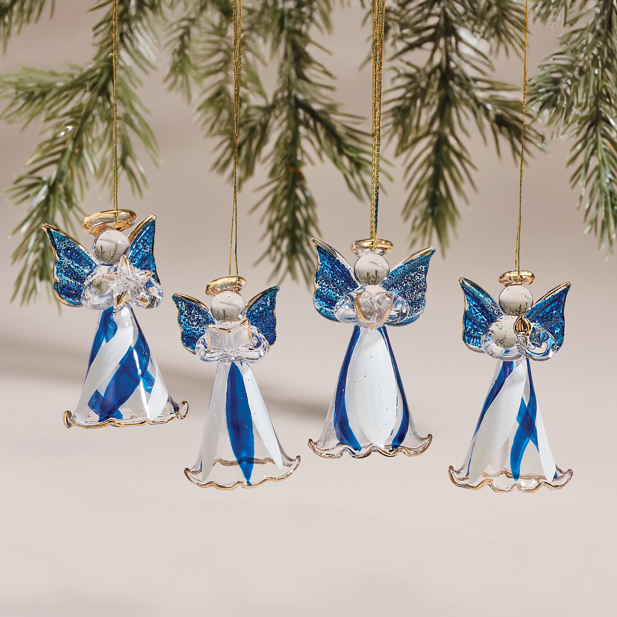 Hand-Blown Venetian Glass Blue & White Angel Ornaments Set of 4