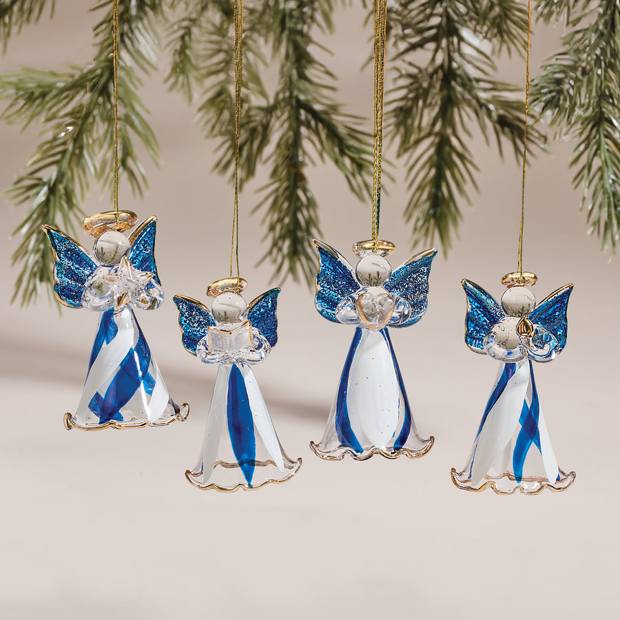 Hand-Blown Venetian Glass Blue & White Angel Ornaments Set of 4