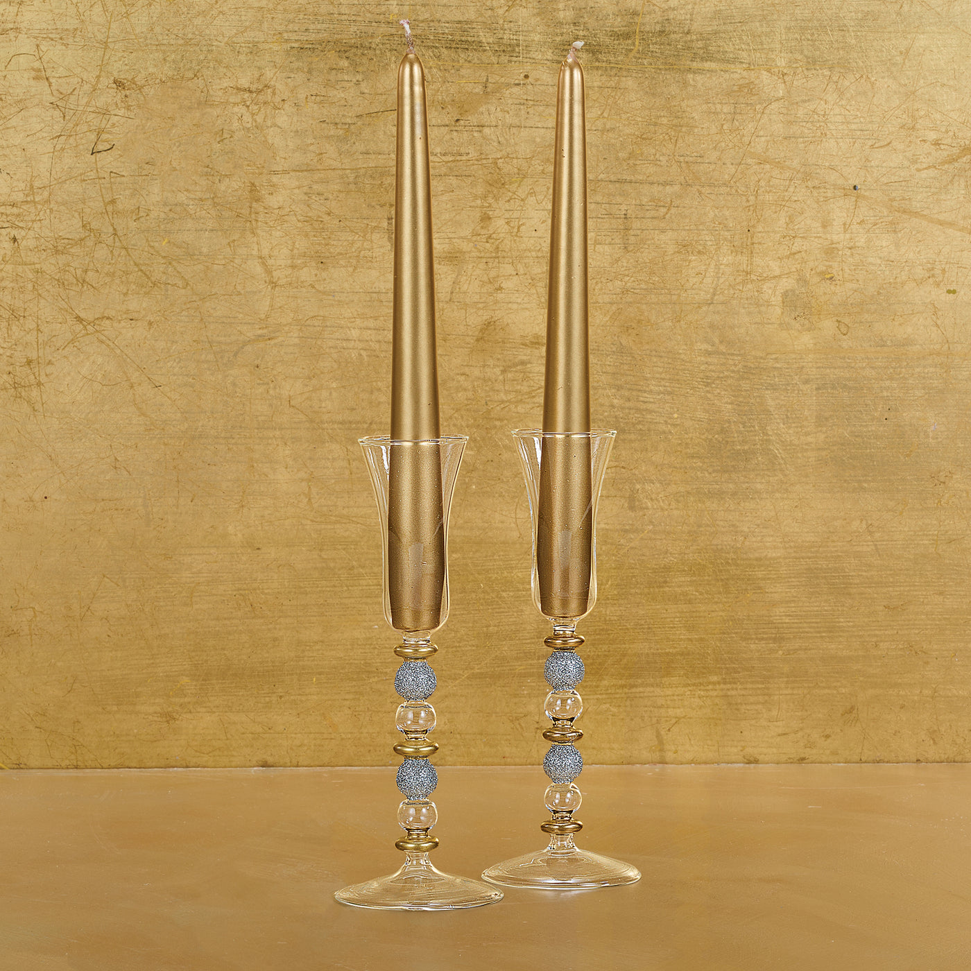 Hand-Blown Venetian Glass Silver & Gold Candlestick Holders Set Of 2