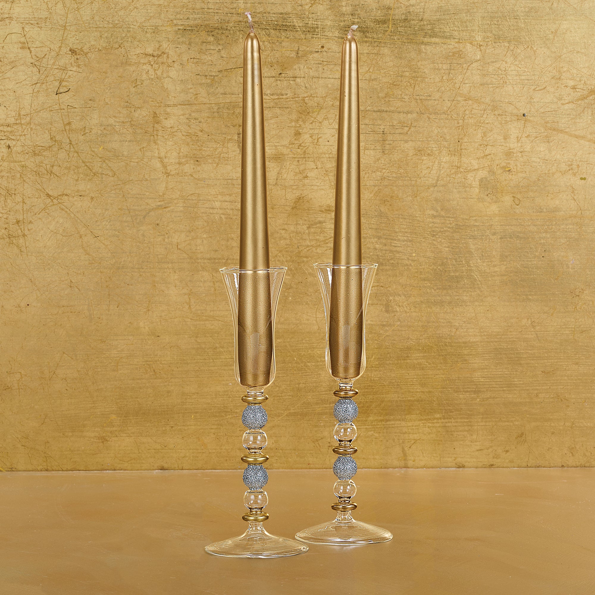 Hand-Blown Venetian Glass Silver & Gold Candlestick Holders Set Of 2