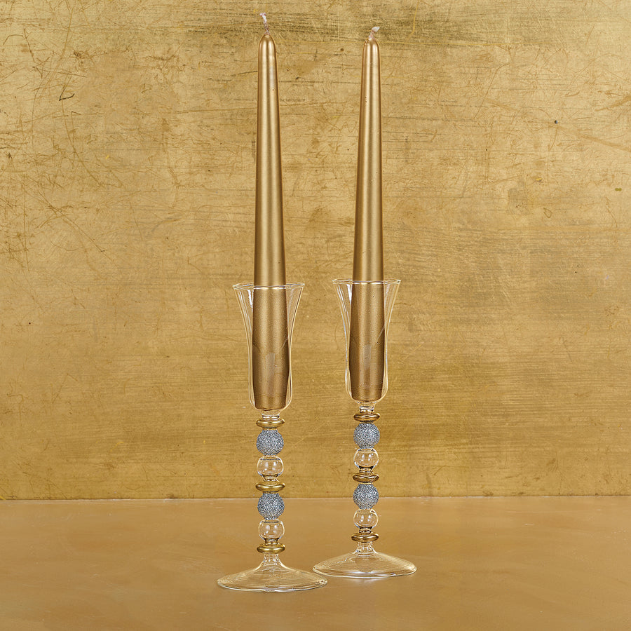 Hand-Blown Venetian Glass Silver & Gold Candlestick Holders Set Of 2