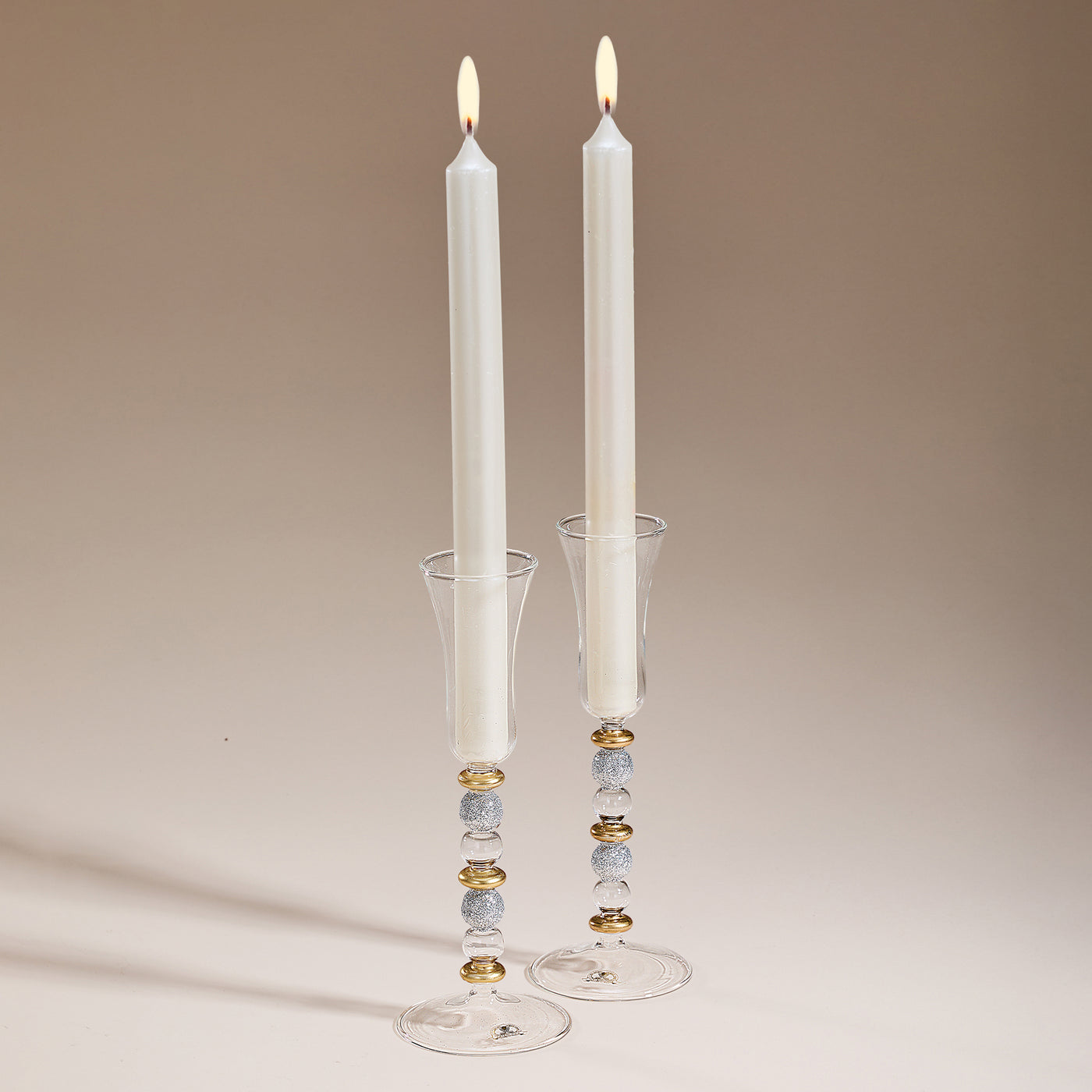 Hand-Blown Venetian Glass Silver & Gold Candlestick Holders Set Of 2