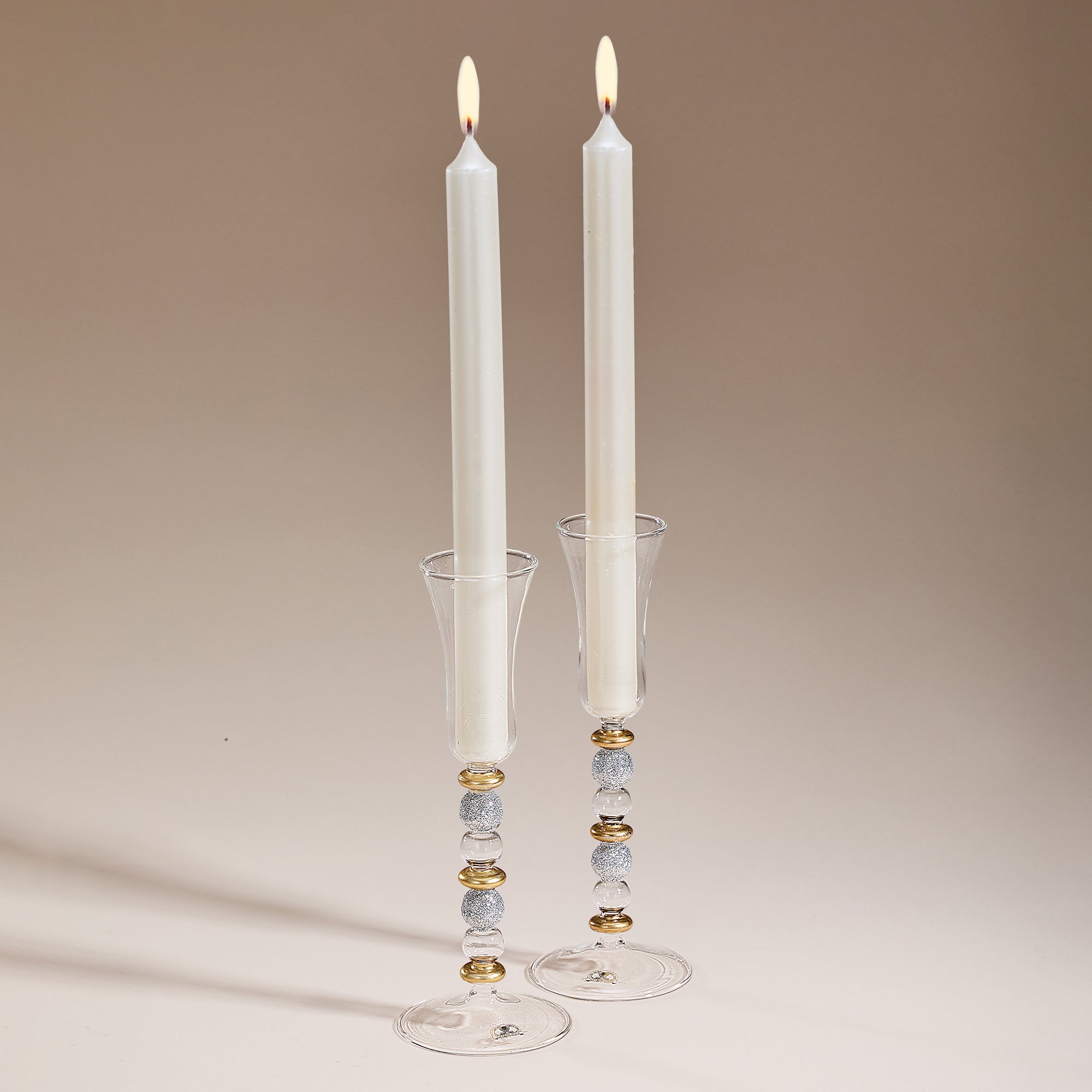 Hand-Blown Venetian Glass Silver & Gold Candlestick Holders Set Of 2