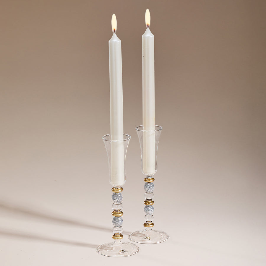 Hand-Blown Venetian Glass Silver & Gold Candlestick Holders Set Of 2