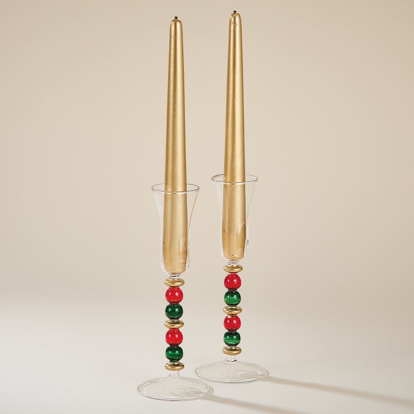 Hand-Blown Venetian Glass Red & Green Candlestick Holders Set Of 2