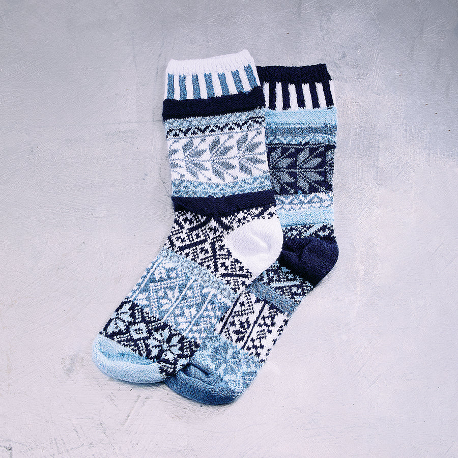 Hand-Knit Blue Snowflakes Mismatched Socks