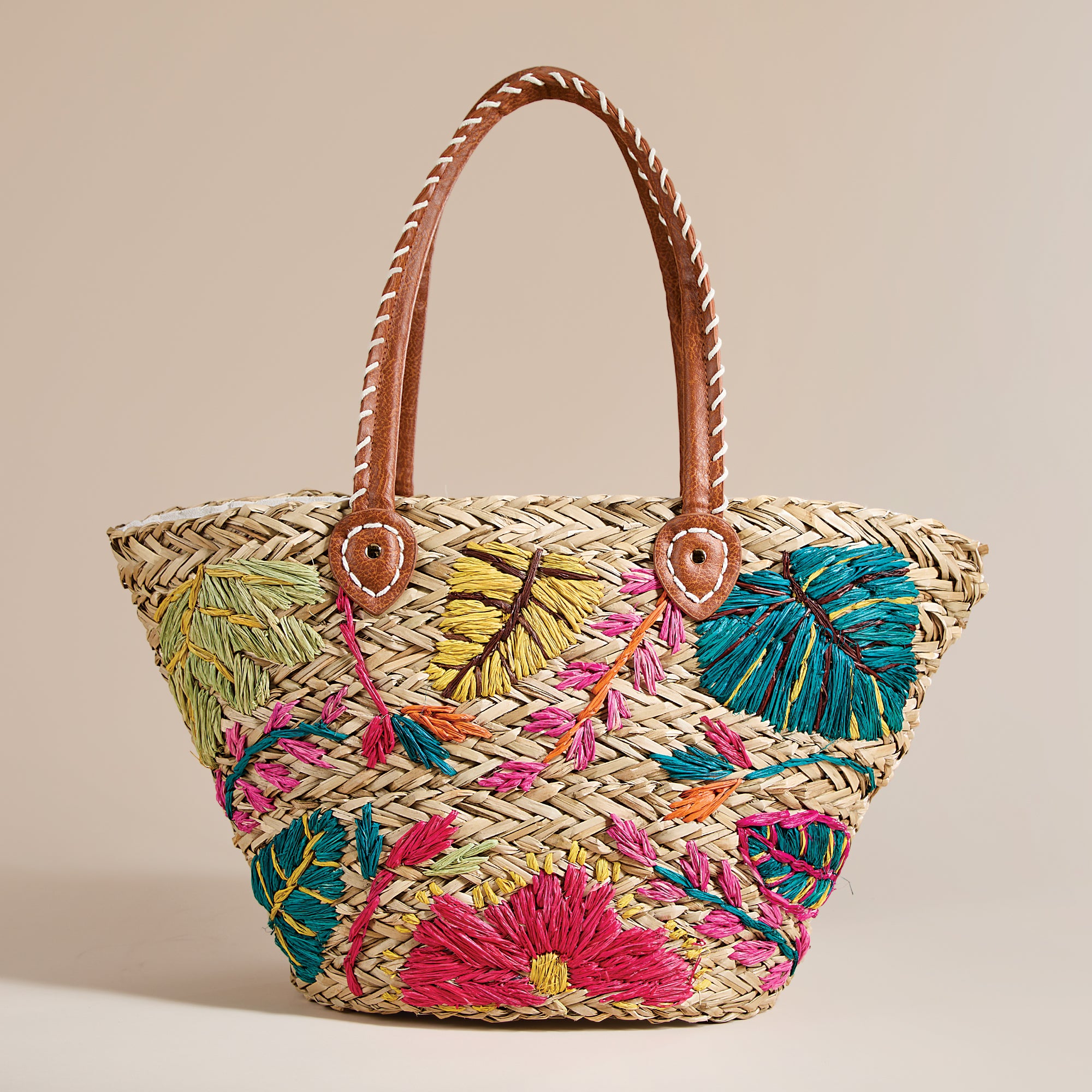 Island Florals Straw & Leather Tote