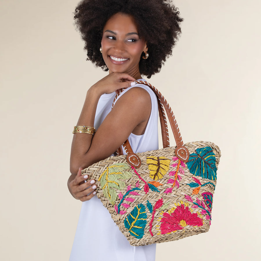Island Florals Straw & Leather Tote
