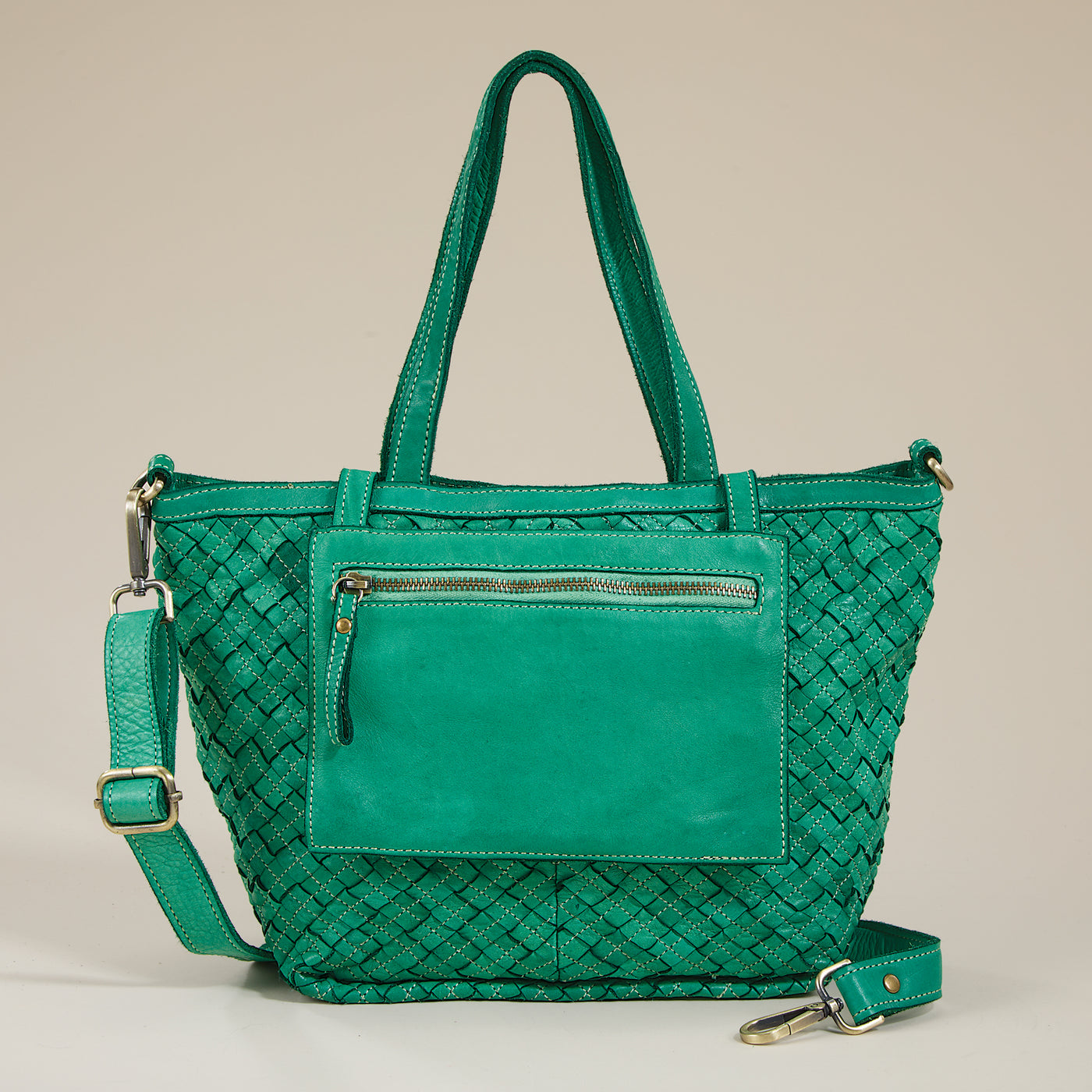 Cipressa Emerald Green Woven Italian Leather Tote (Preorder)