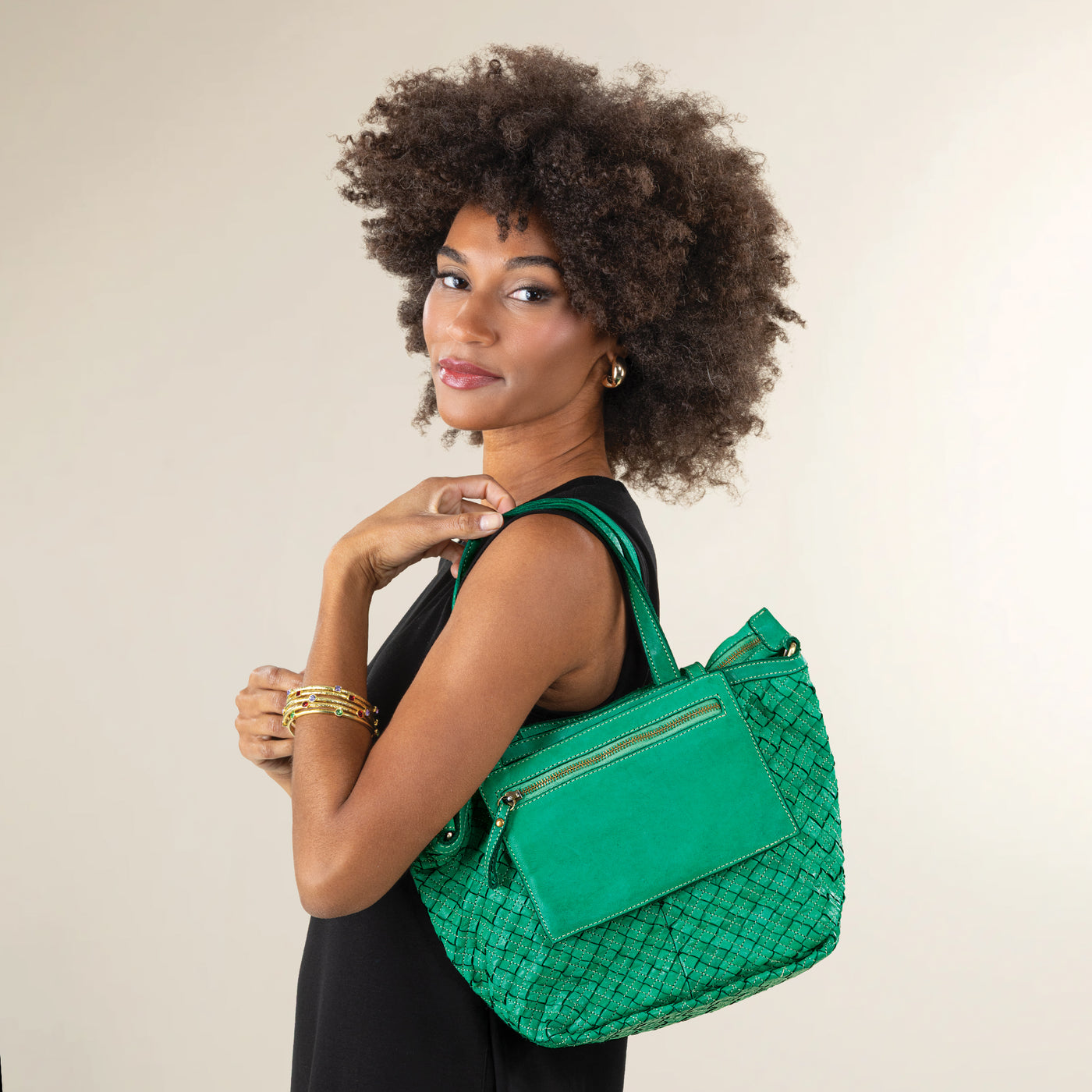 Cipressa Emerald Green Woven Italian Leather Tote (Preorder)