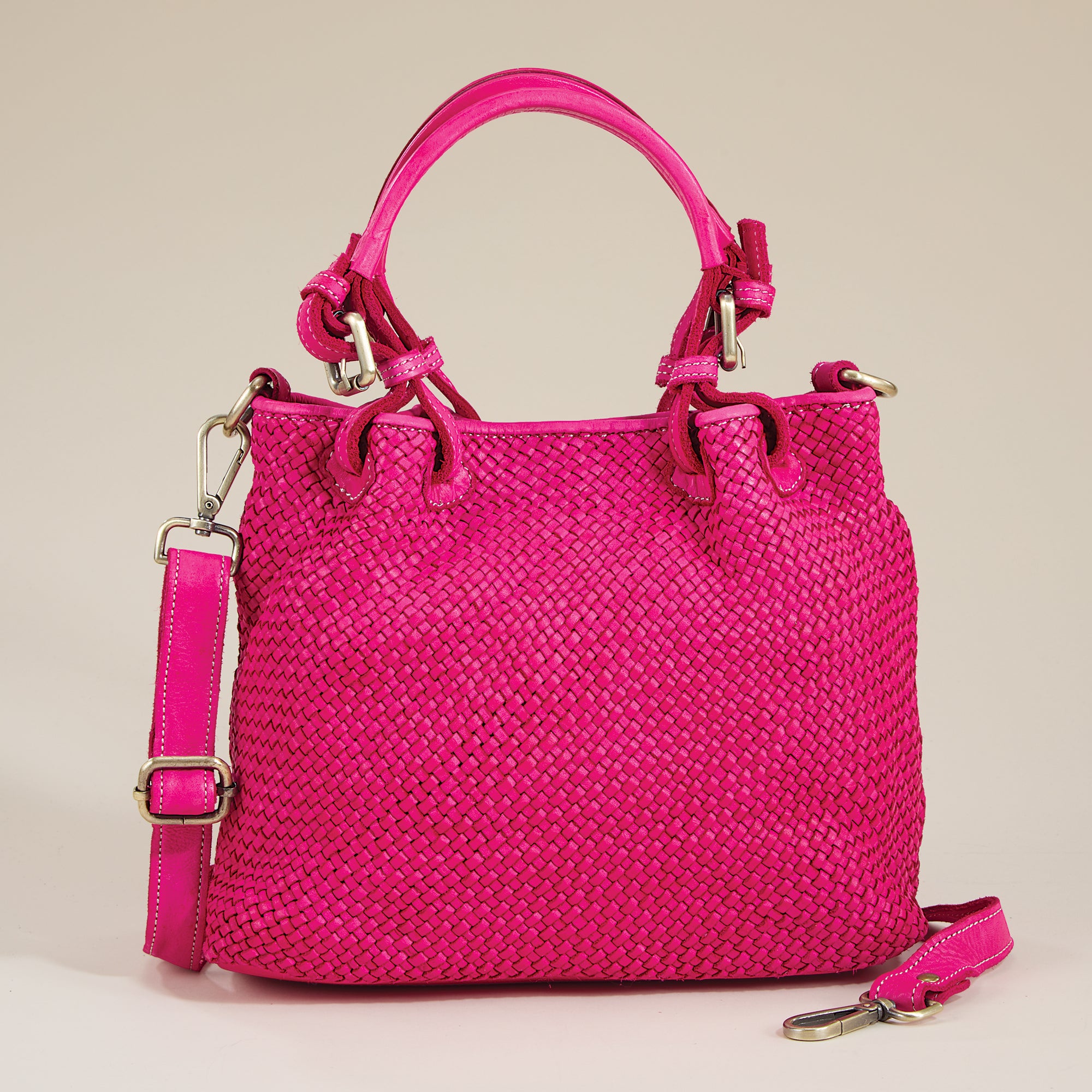 Bonassola Bright Pink Woven Italian Leather Satchel | Uno Alla Volta