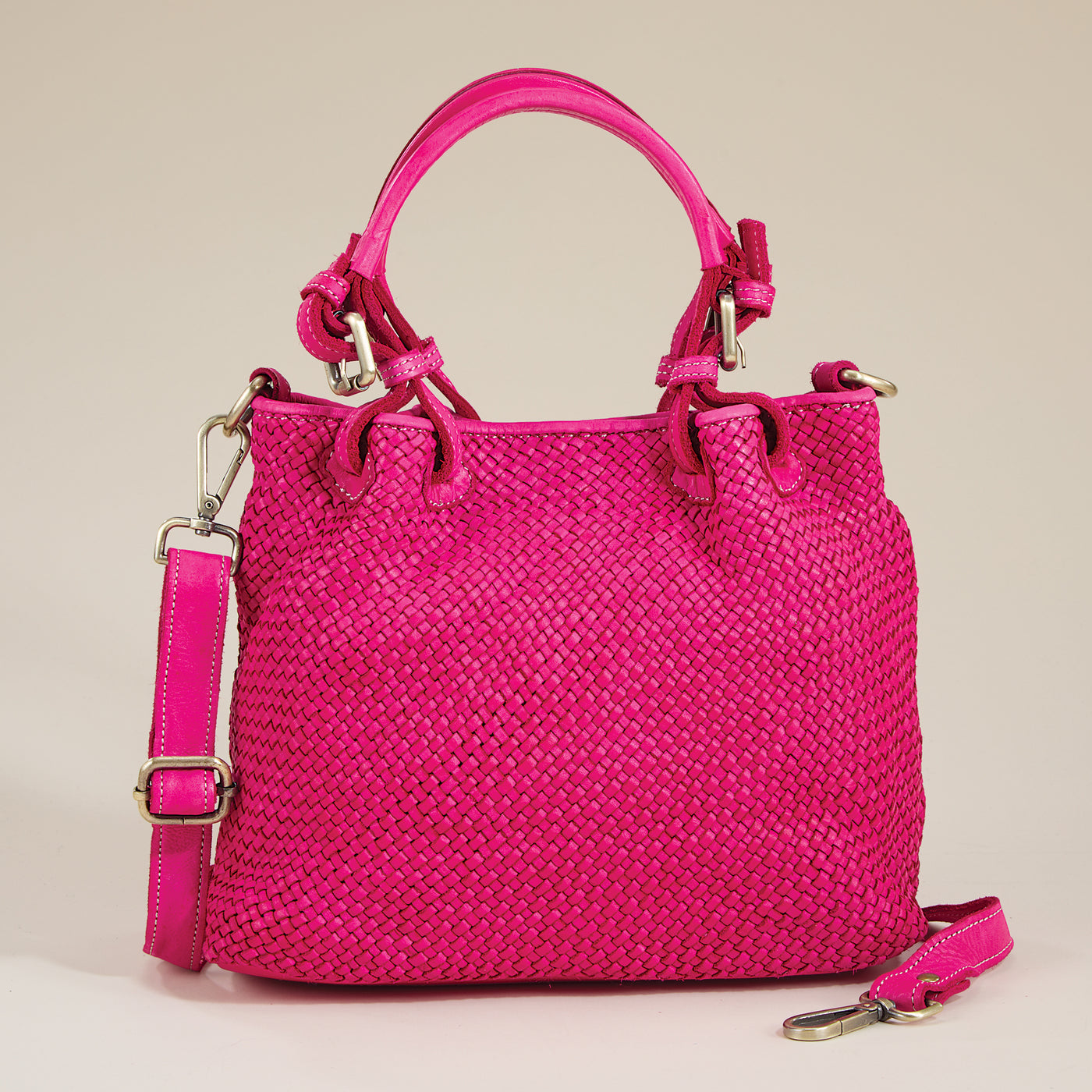 Bonassola Bright Pink Woven Italian Leather Satchel (Preorder)