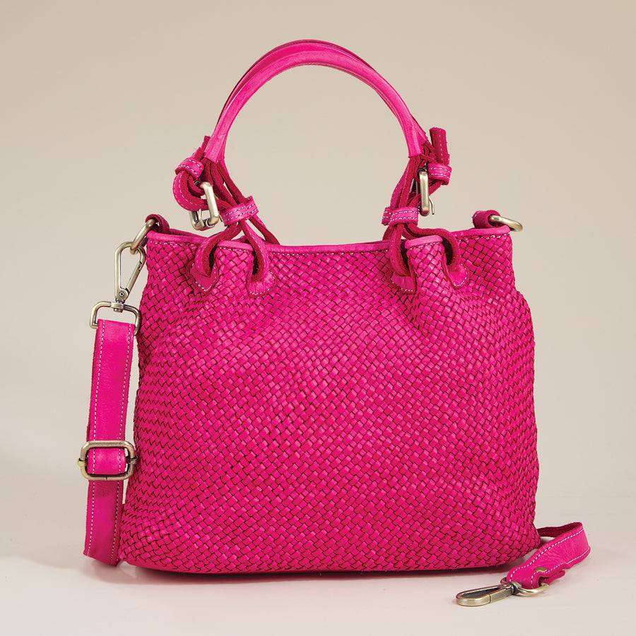 Bonassola Bright Pink Woven Italian Leather Satchel (Preorder)