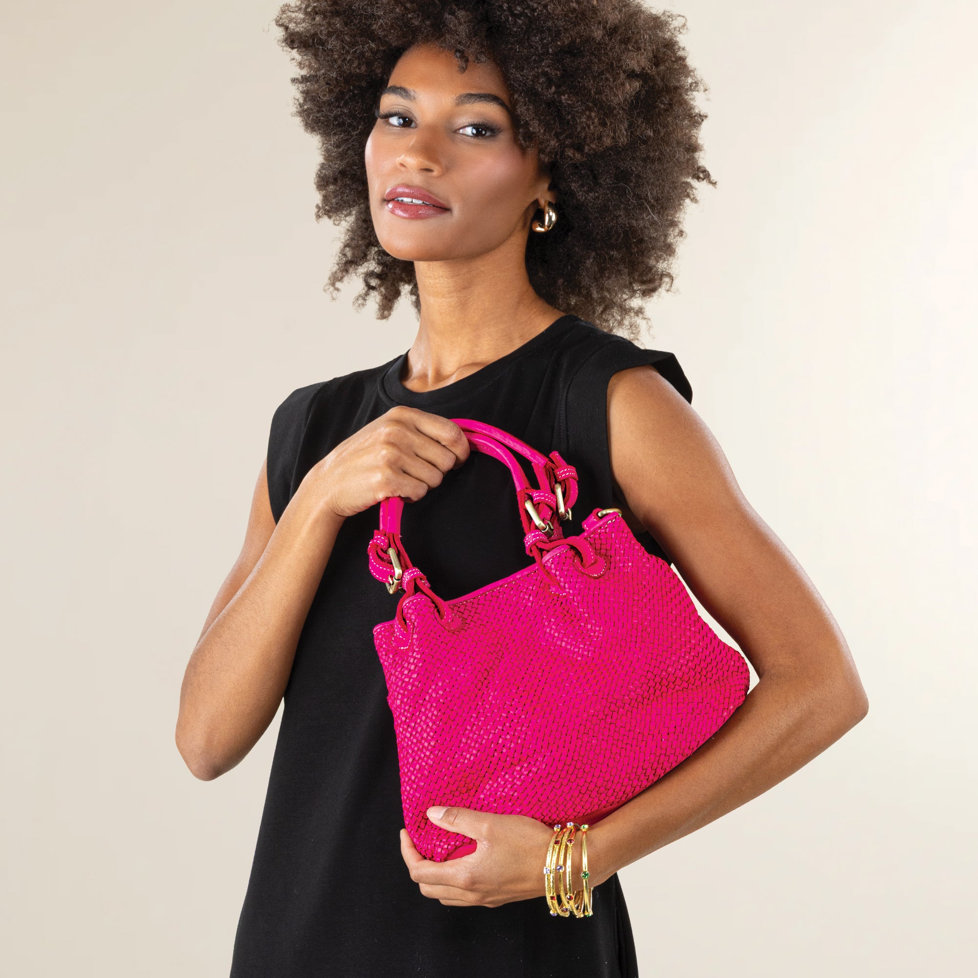 Bonassola Bright Pink Woven Italian Leather Satchel (Preorder)