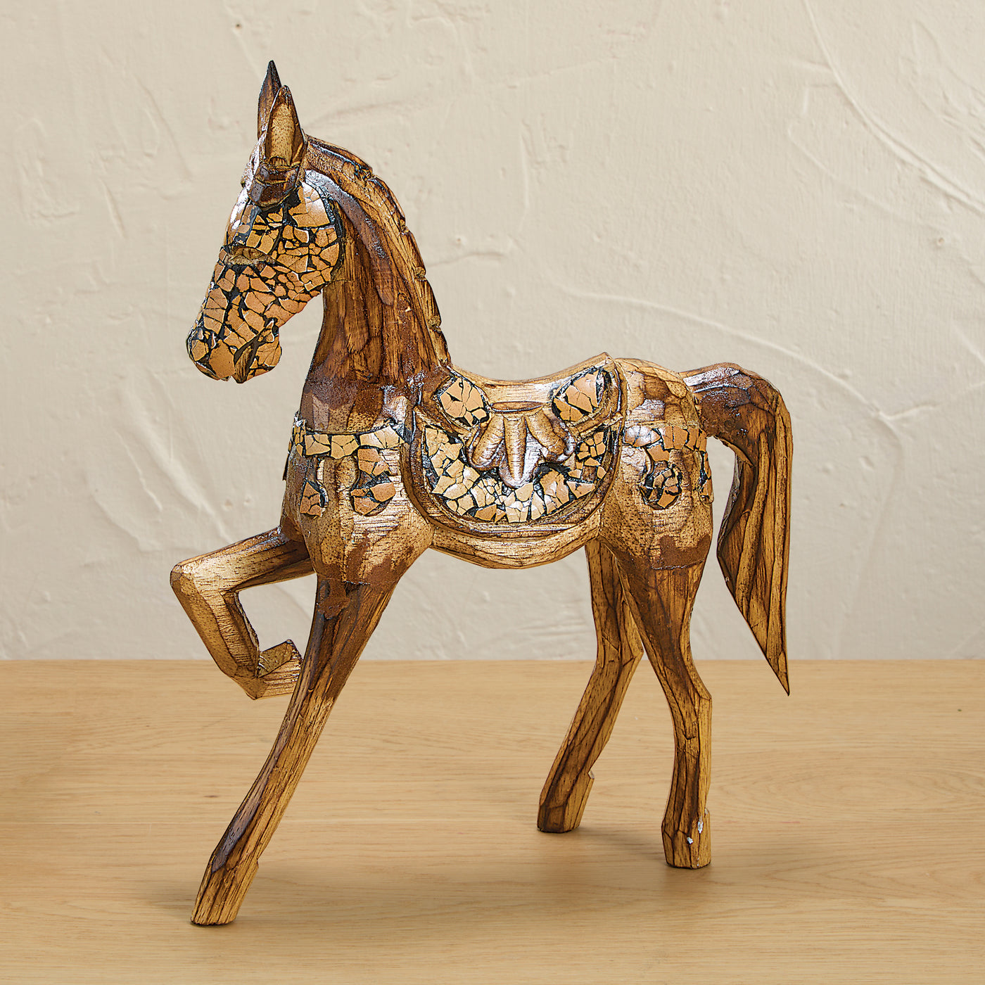 Hand-Carved Albesia Wood Horse With Eggshell Embellishments (Preorder)