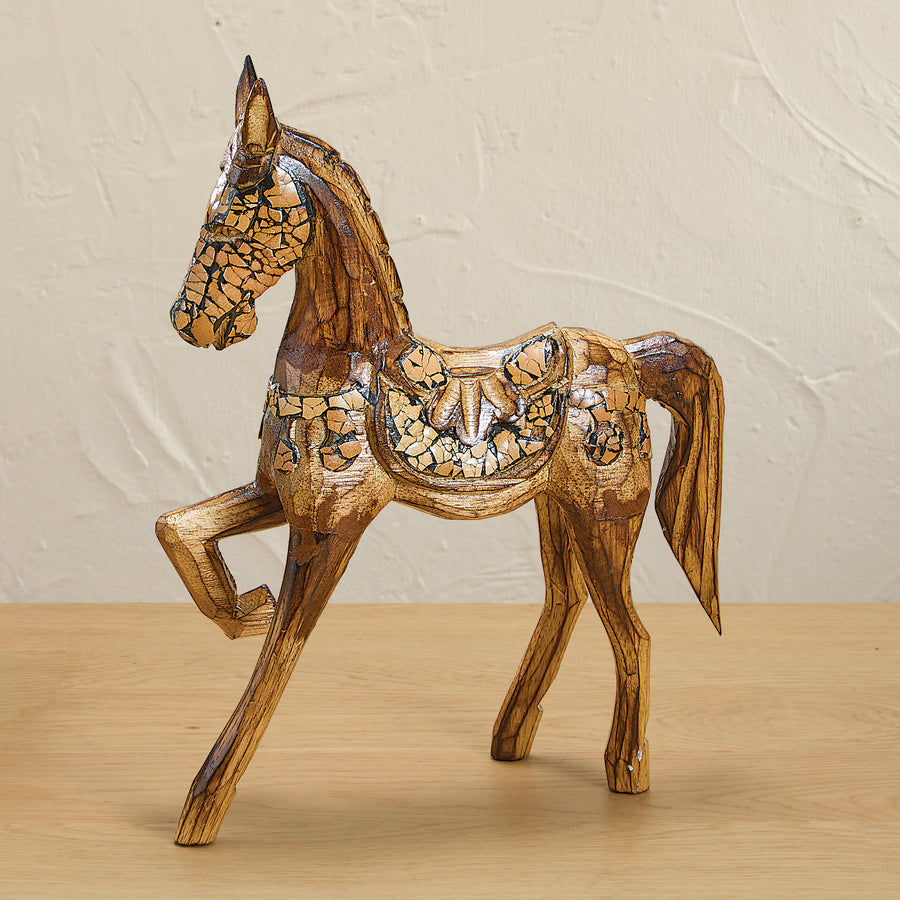 Hand-Carved Albesia Wood Horse With Eggshell Embellishments (Preorder)