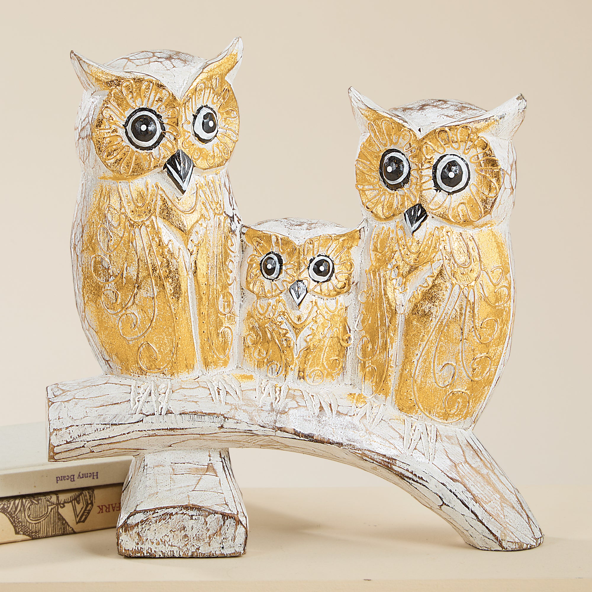 Hand-Carved Albesia Wood Owl Family