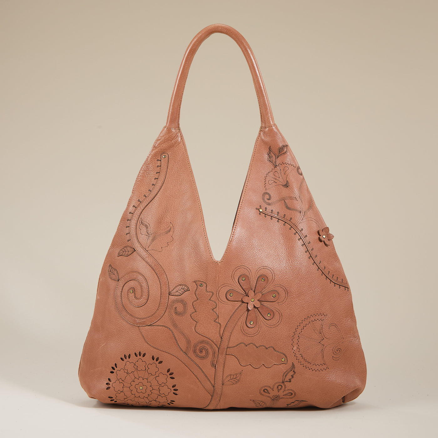 Hand-Tooled Chestnut Leather Hobo Bag