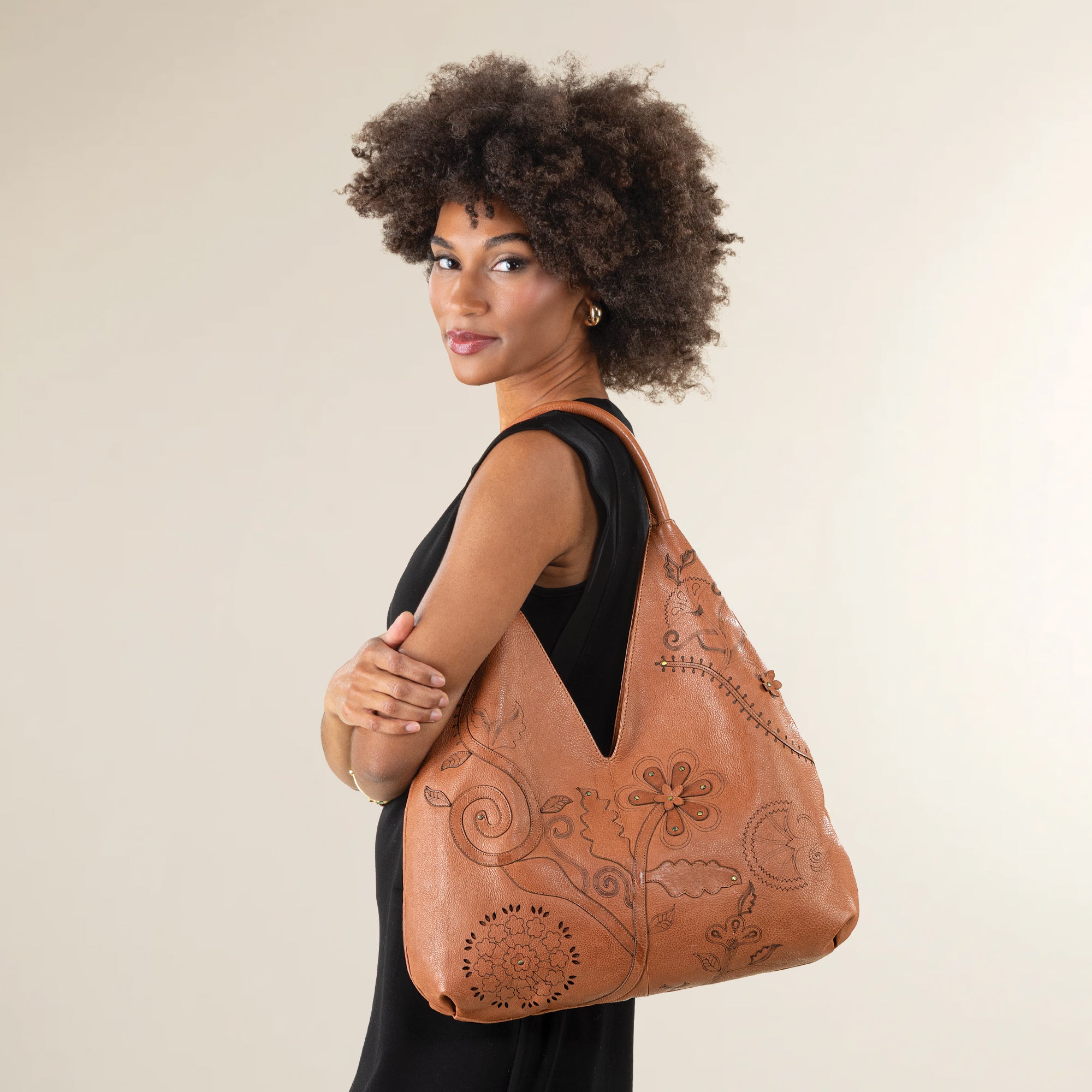 Hand-Tooled Chestnut Leather Hobo Bag