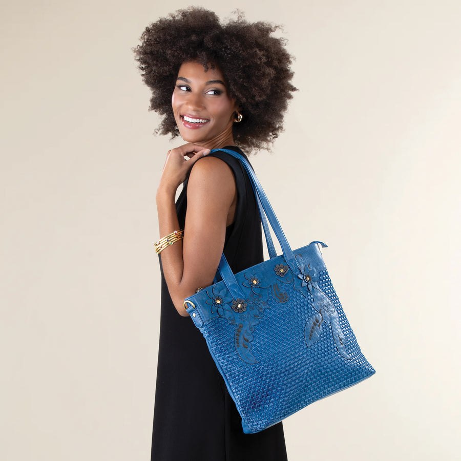 Midnight Blue Tooled Indian Leather Tote