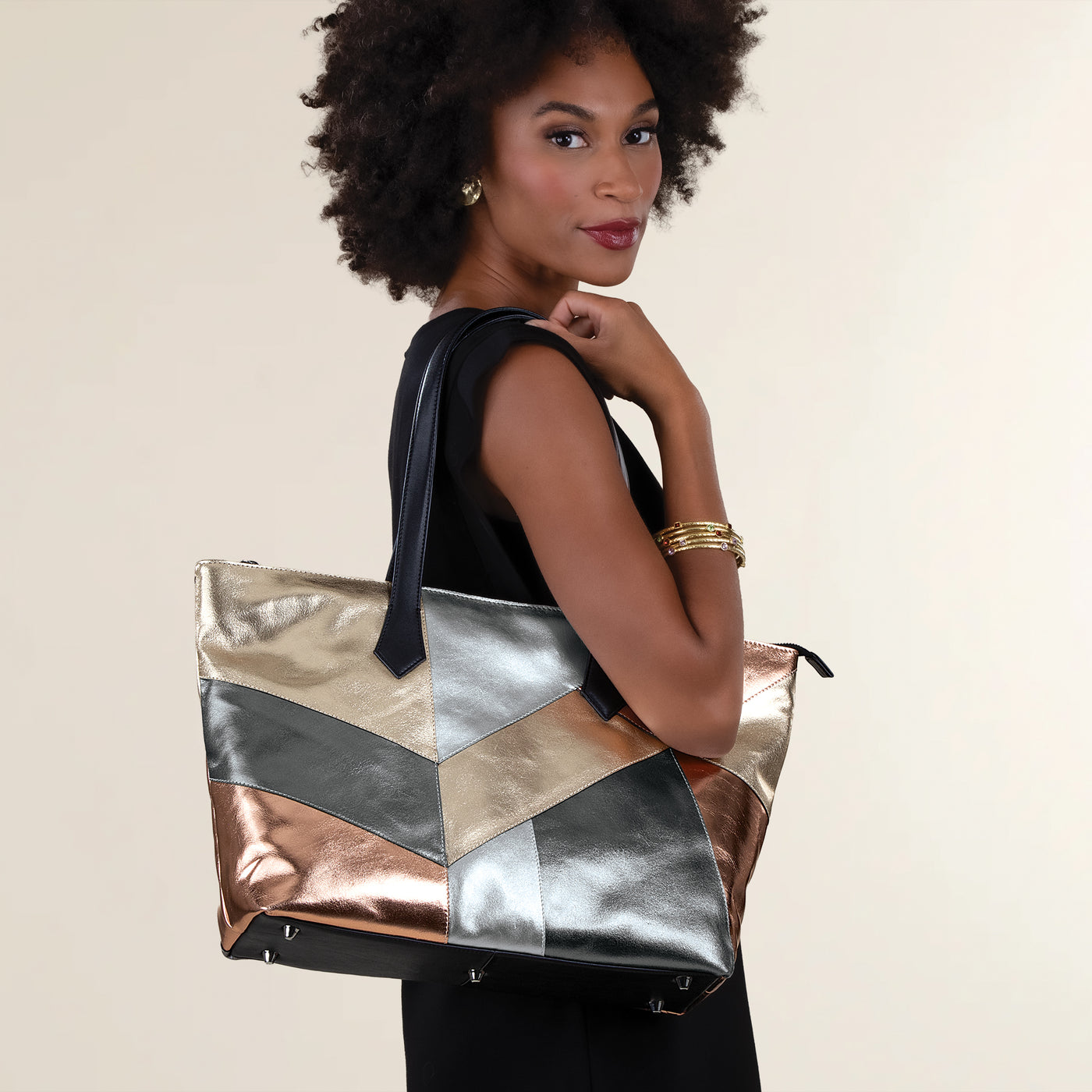 Metallic Mosaic Mixed Leather Tote