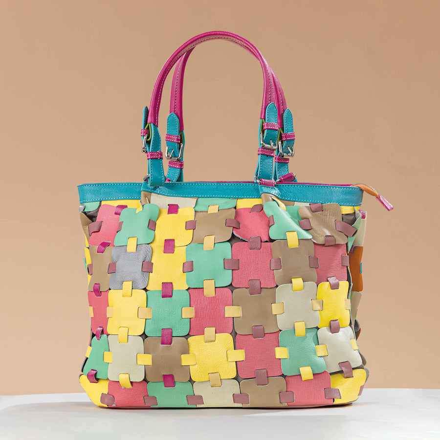 Rainbow Puzzle Pieces Indian Leather Tote