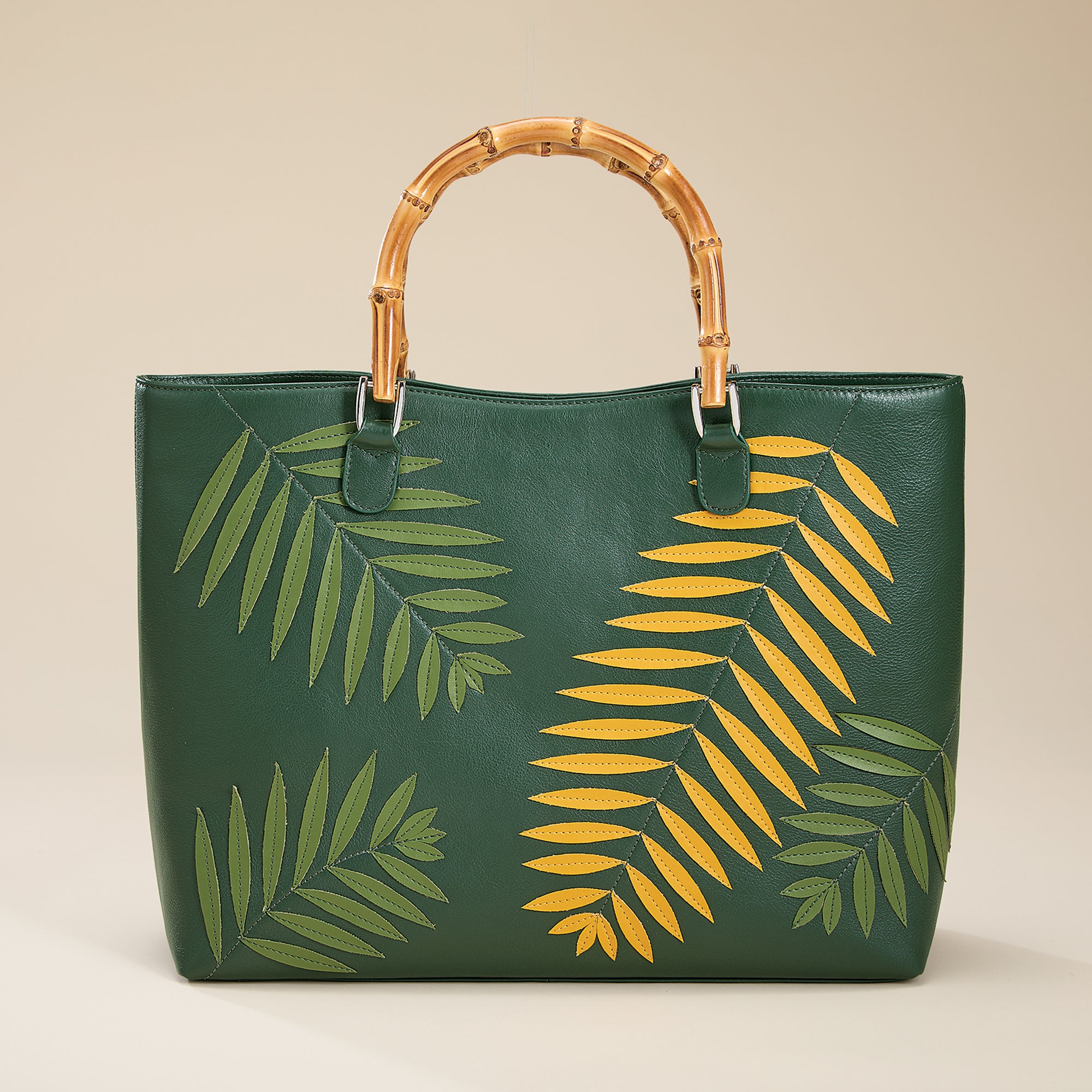 Palm Leaves Green Leather Tote