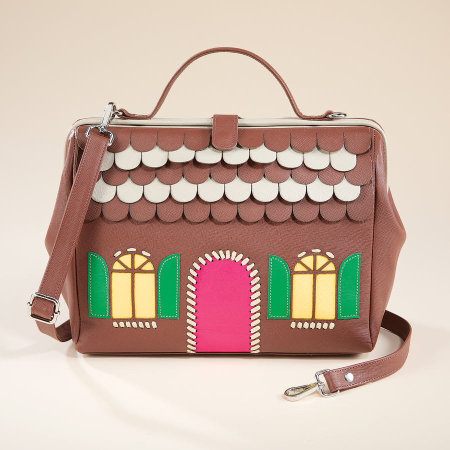 Charming Gingerbread House Mixed Leather Crossbody Bag (Preorder)