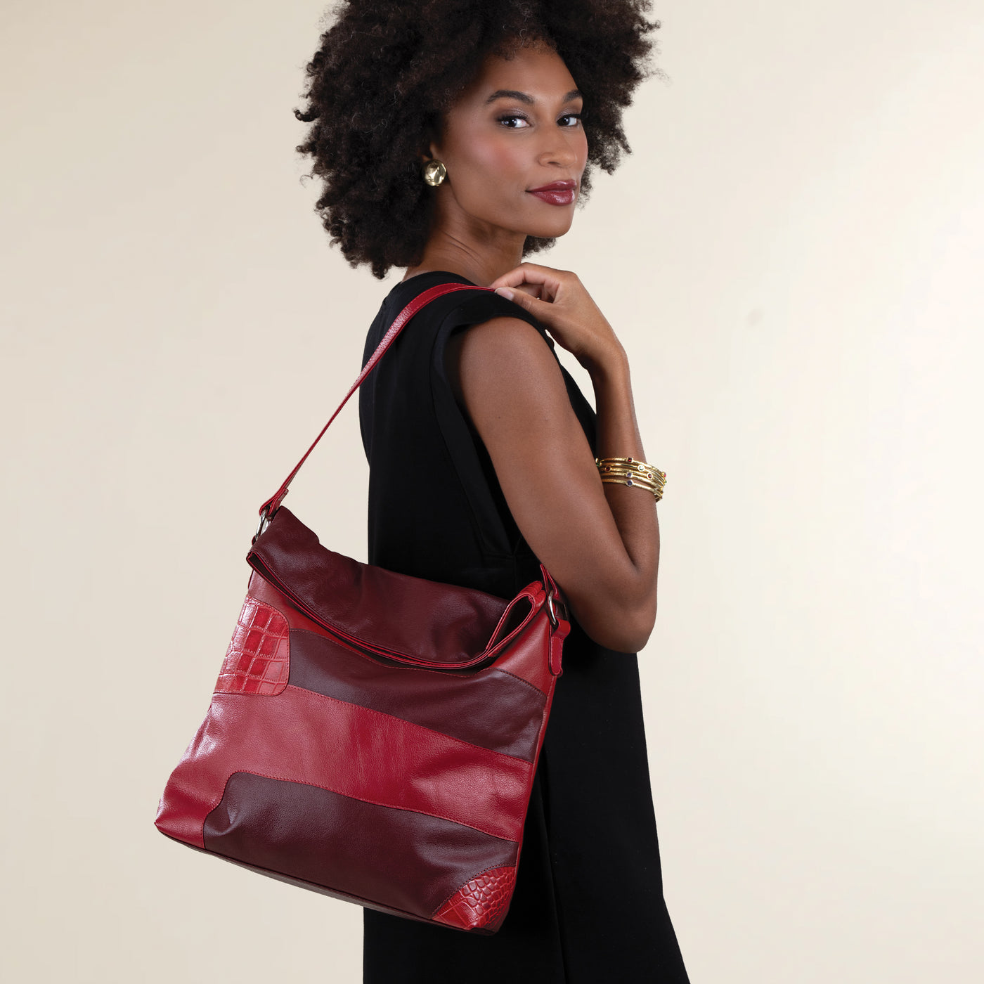 Red Tourmaline Mixed Leather Hobo Bag