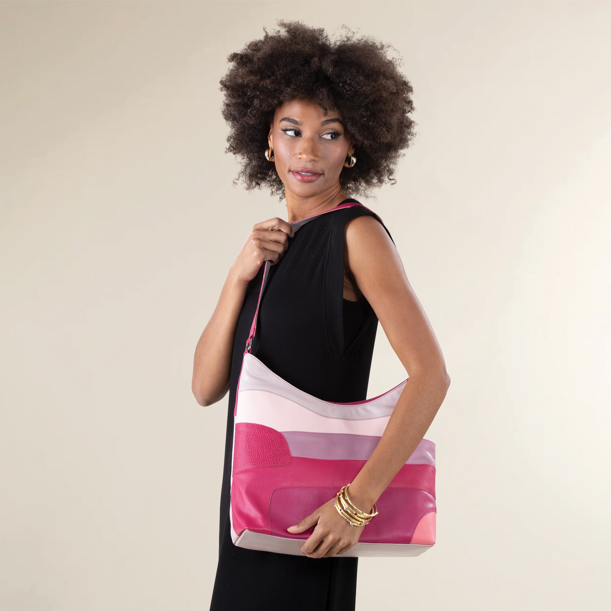 Pink Tourmaline Mixed Leather Hobo Bag