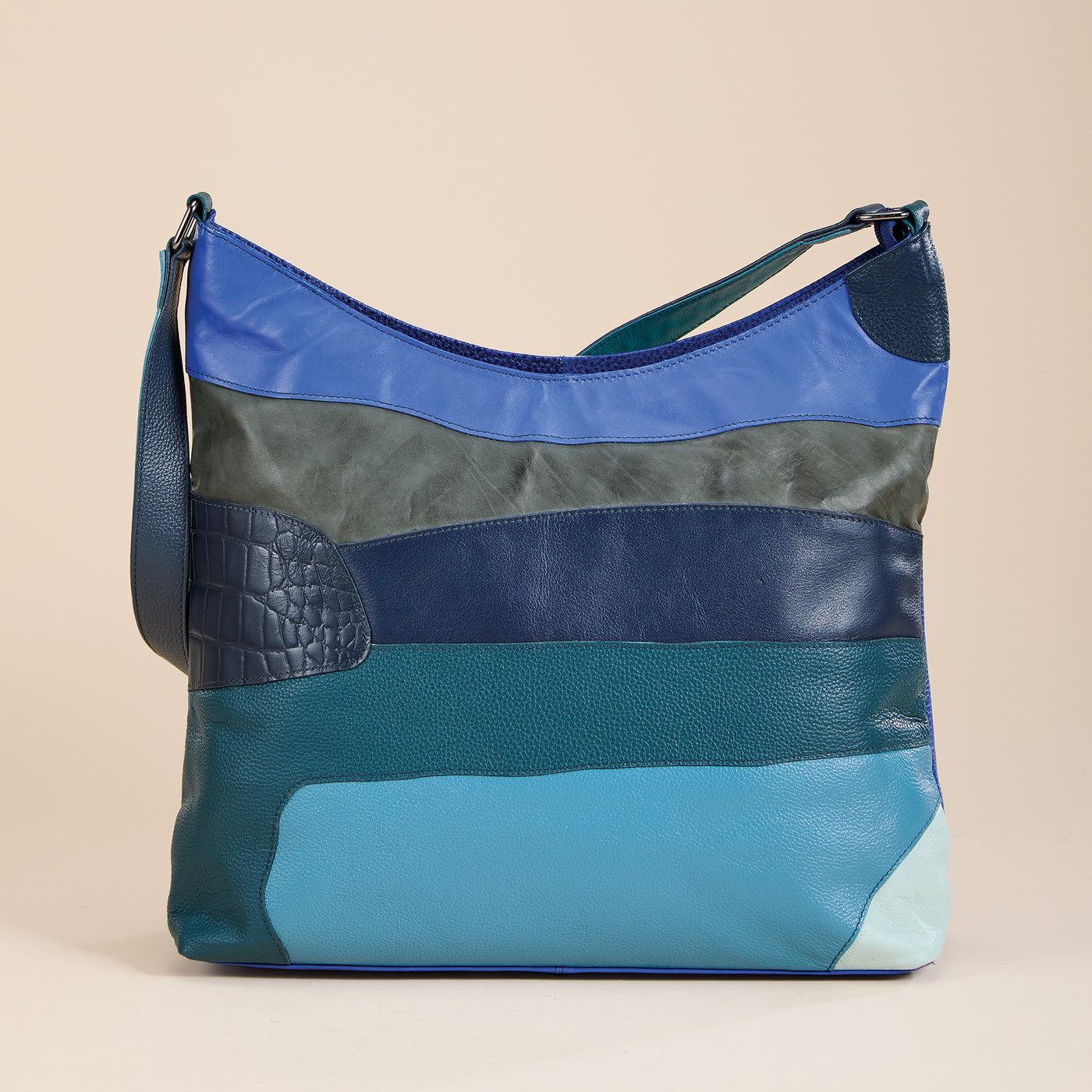 Blue Tourmaline & Black Onyx Mixed Leather Hobo Bag