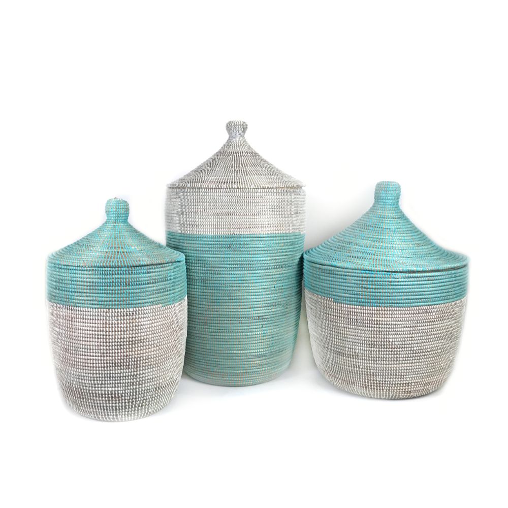 Handwoven Two-Tone Low Basket, Turquoise