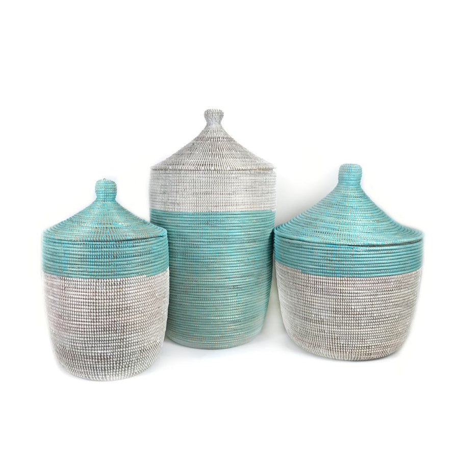 Handwoven Two-Tone Low Basket, Turquoise