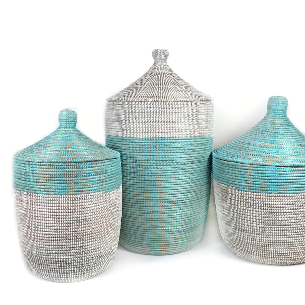 Handwoven Two-Tone Medium Basket, Turquoise